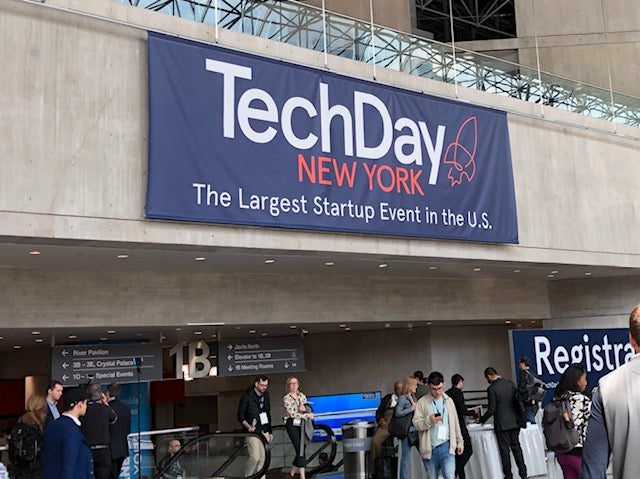 large blue banner that reads, "Tech Day New York. The largest startup event in the U.S."
