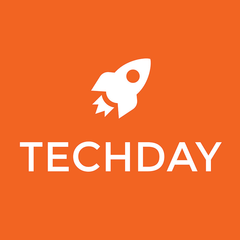 orange logo with rocket and "Tech Day" in writing,  below