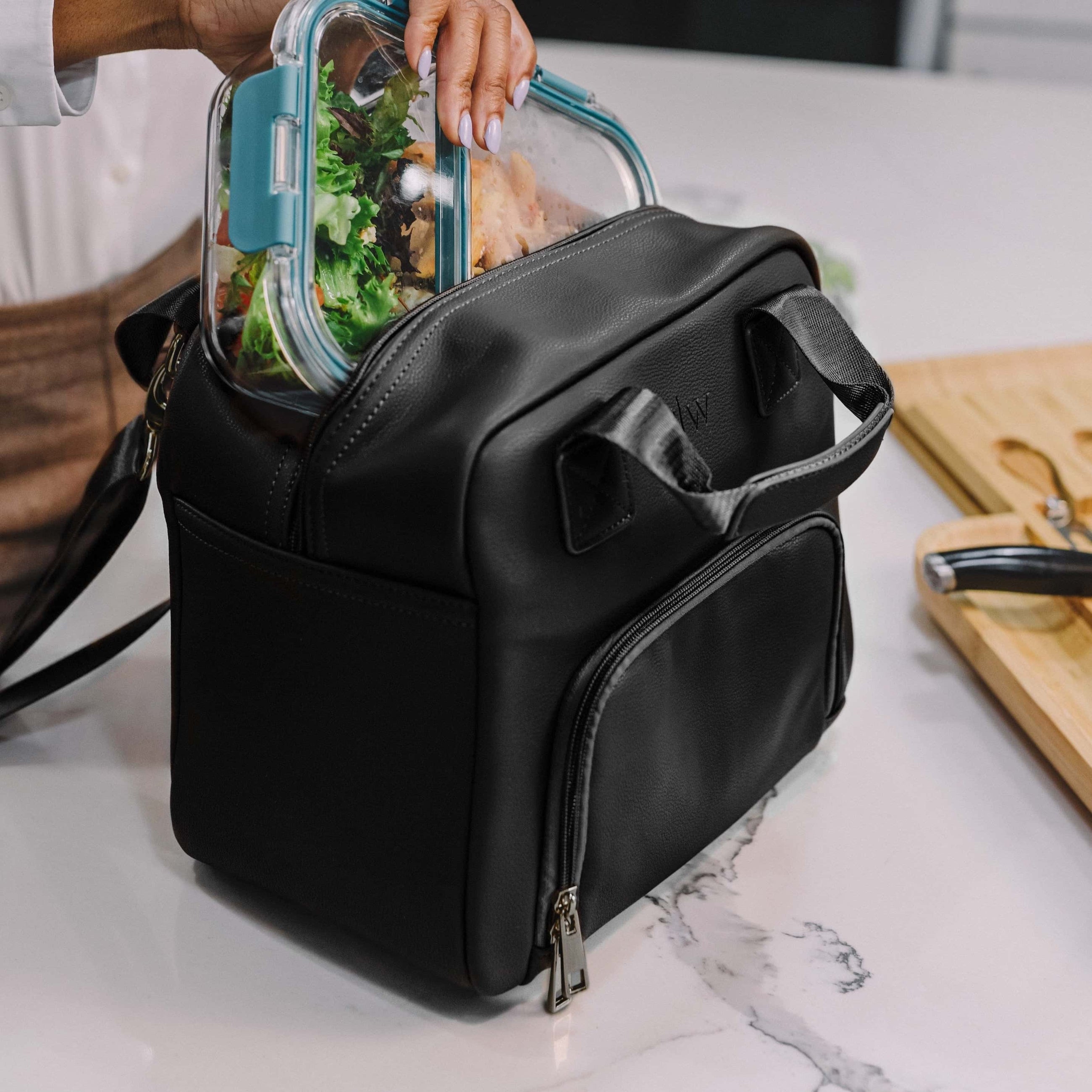 Black Leather Lunch Box, Dual Compartments, Personalized, Unisex